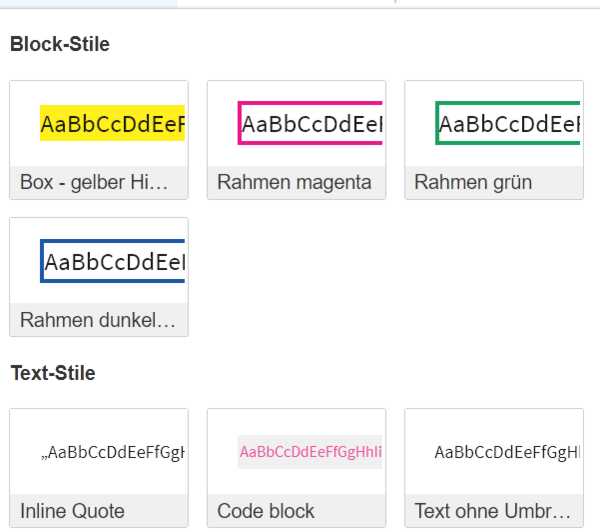 Screenshot Block-Stile für Rahmen im RTE