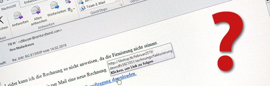 Screenshot: E-Mail mit einem Link, dessen Tooltip geöffnet ist. Der Tooltip enhält ein kryptisches Linkziel, was die E-Mail als Phishing-Mail entlarvt.