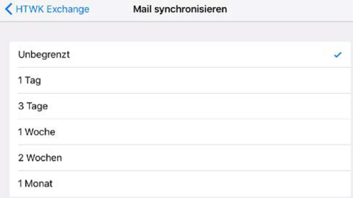 Screenshot zu den Einstellungen der Mailsynchronisation hinsichtlich Synchronisationszeitraum.