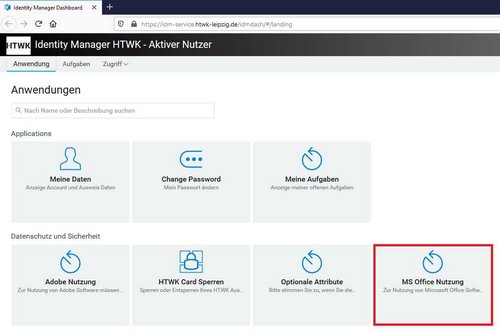 Webseite des Identitymanagementsystems der HTWK mit Übersicht der Anwendungen. Rot hervorgehoben ist der Button "MS Office Nutzung", der die Aktivierung der Office-Software ermöglicht. 