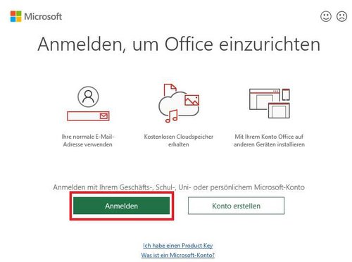 Screenshot vom Anmeldebildschirm mit Aufforderung zur Anmeldung bei Microsoft-Office, mittels Geschäfts-, Schul-, Uni- oder persönlichem Konto.