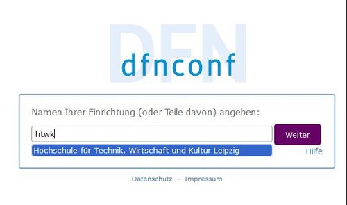 Screenshot: Suchmaske von DFN-Conf für die eigene Einrichtung mit Textfeld, in dem "HTWK" drin steht.