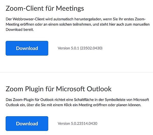 Zwei Download-Fenster, jeweils für den Zoom-Client für Meetings und das Zoom-Plugin für Microsoft-Outlook.