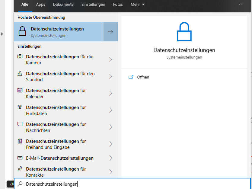 Screenshot: Suchergebnisse in der Windows-Suche mit dem Suchbegriff "Datenschutzeinstellungen"
