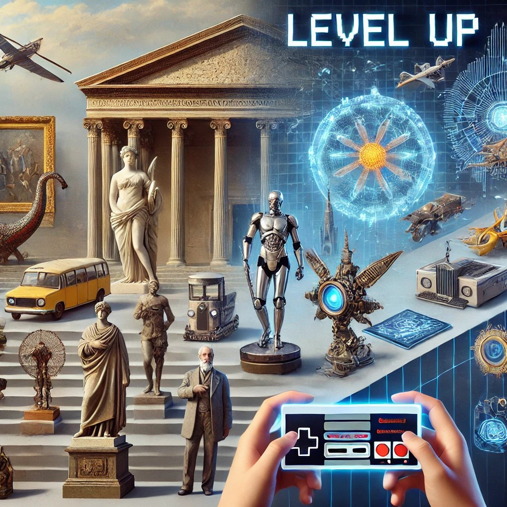 MuseumsIMPULS #03 Sammlung verschiedener Kulturobjekte wie Statuen, Maschinen, Fahrzeuge. Im Vordergrund halten zwei Hände einen Gaming-Controller