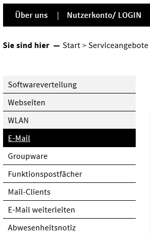Eine Ansicht der HTWK Webseite. Ausgewählt ist die Seite "E-Mail", die sich unter Start - Serviceangebote - E-Mail befindet. Es wird nur das Menü dargestellt