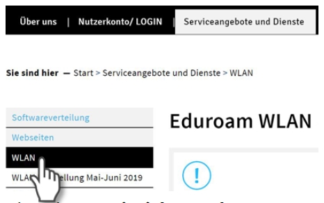 Eine Ansicht der HTWK Webseite. Der Mauszeuger liegt über dem Bereich "WLAN", der sich unter Start - Serviceangebote und Dienste - WLAN befindet.