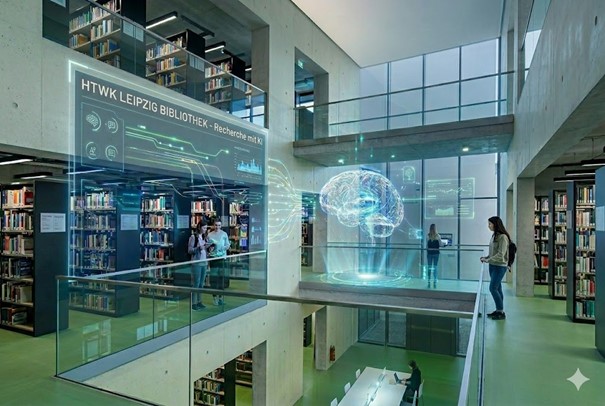 Innenraum der Hochschulbibliothek der HTWK Leipzig mit digitaler Projektion.