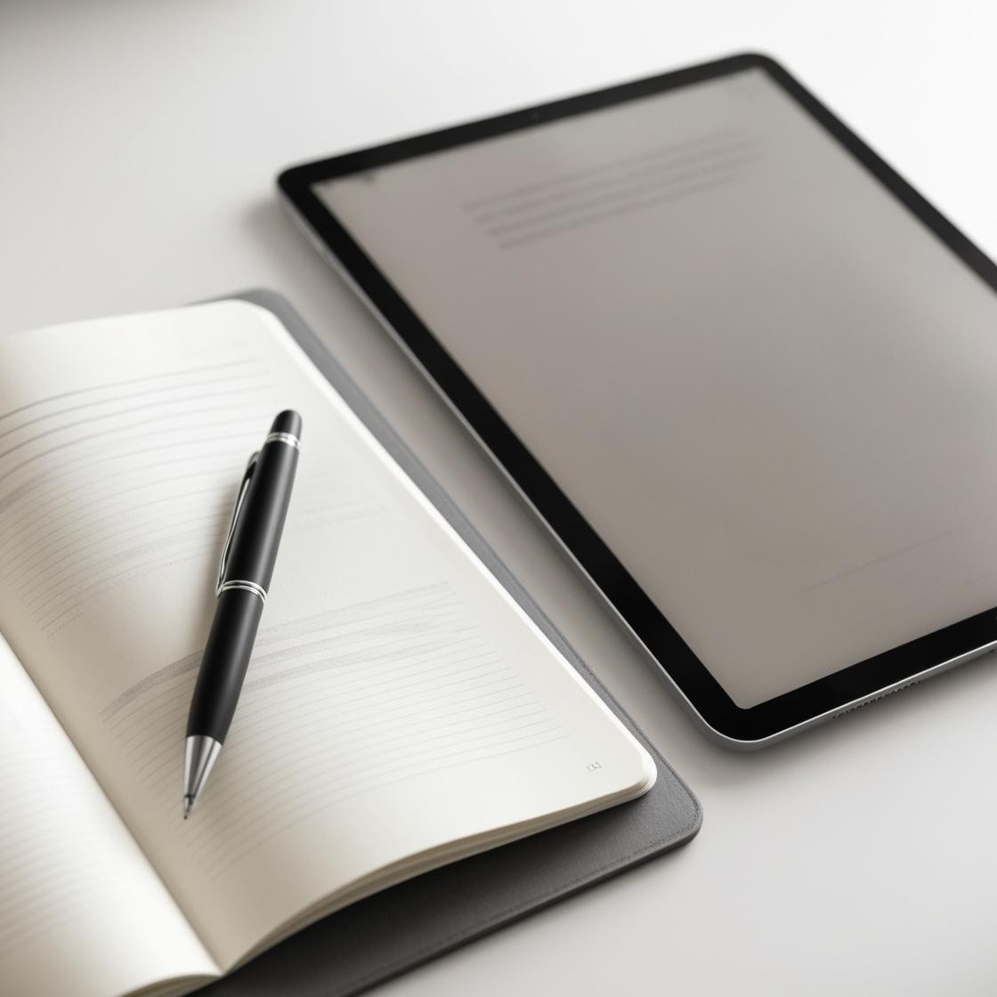 Foto: Notizbuch mit Kugelschreiber und Tablet