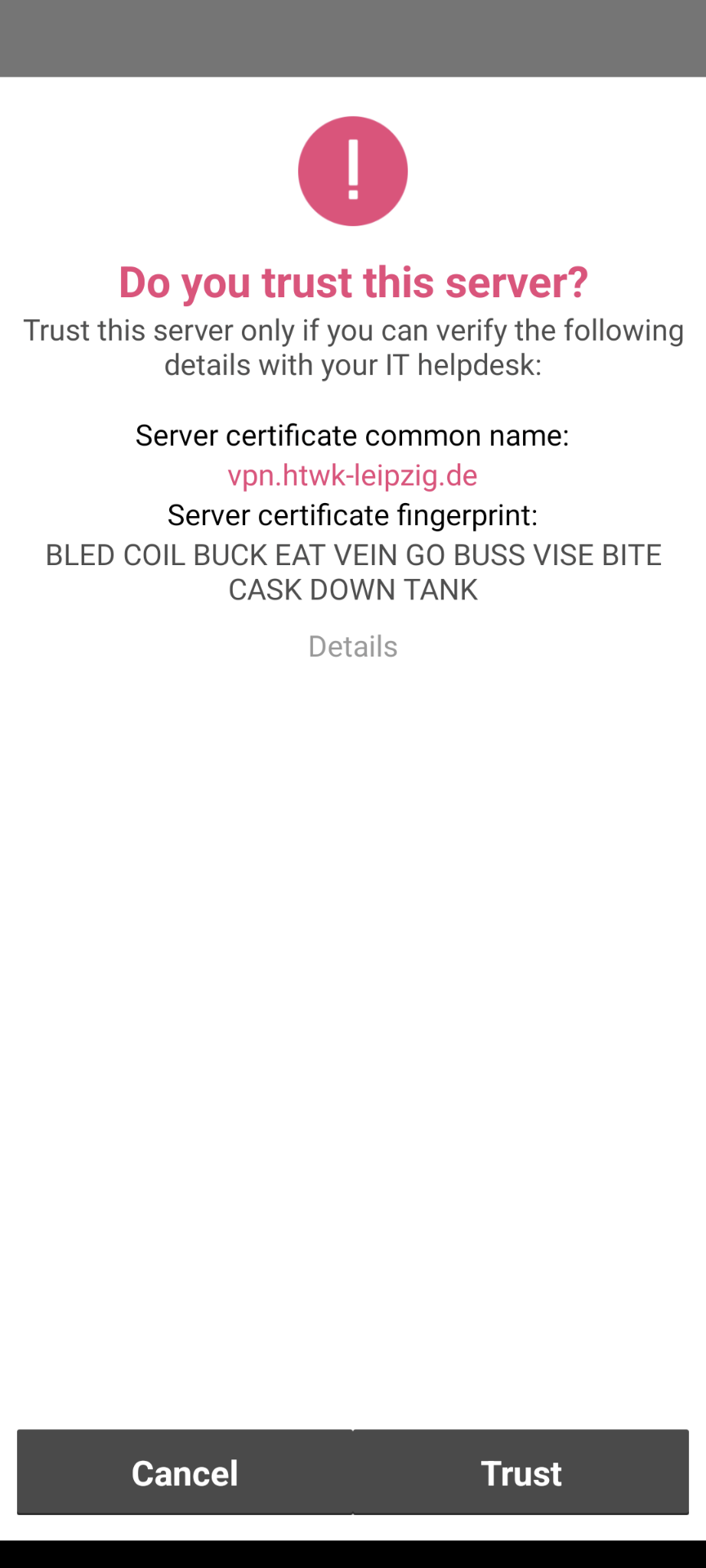 Screenshot der Bestätigung dass Server vertraut wird via Fingerprint.