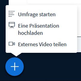 Screenshot der Host-Optionen "Umfrage starten"/"Präsentation hochladen"/"Externes Video teilen."