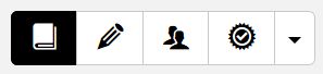 Symbolleiste mit einem weißen "Buch"-Icon auf schwarzem Untergrund links. Rechts daneben ein schwarzes "Stift"-Icon auf weißem Hintergrund, ein schwarzes "Personen"-Icon, ein schwarzes "Häkchen"-Icon und zuletzt ein Pfeil, der ein Dropdown-Menü signalisiert.