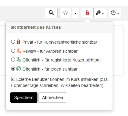 NAch anwählen des roten "Schloss"-Icons öffnet sich ein Feld mit verschiedenen Optionen zur Sichtbarkeit des Kurses.