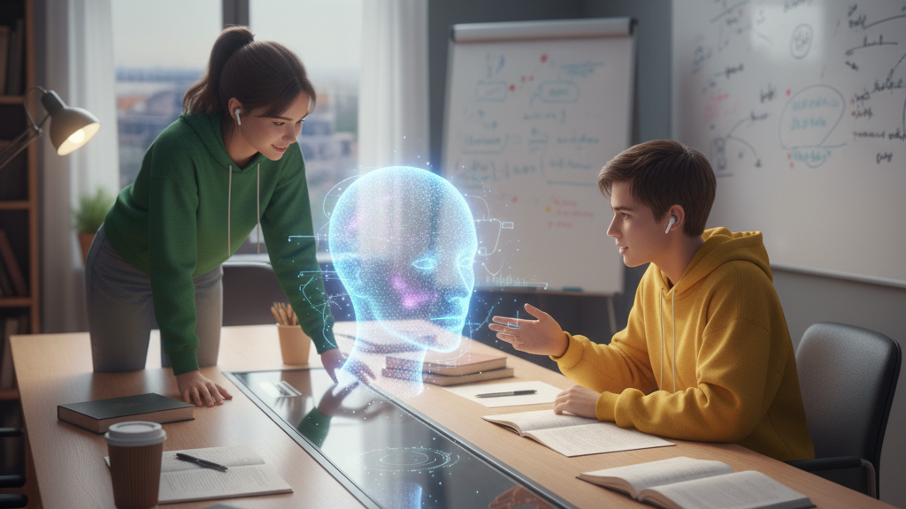 2 Studierende in einem Seminarraum mit KI-Hologramm auf dem Tisch (Bild KI generiert)