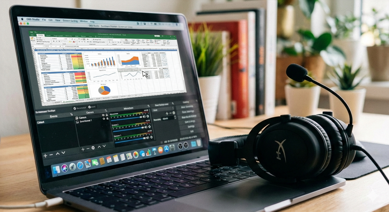 Laptop mit Screenrecorder Software und Headset