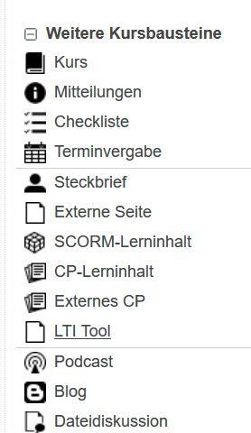 Das Menü "Weitere Kursbausteine" des OPAL Kurseditors