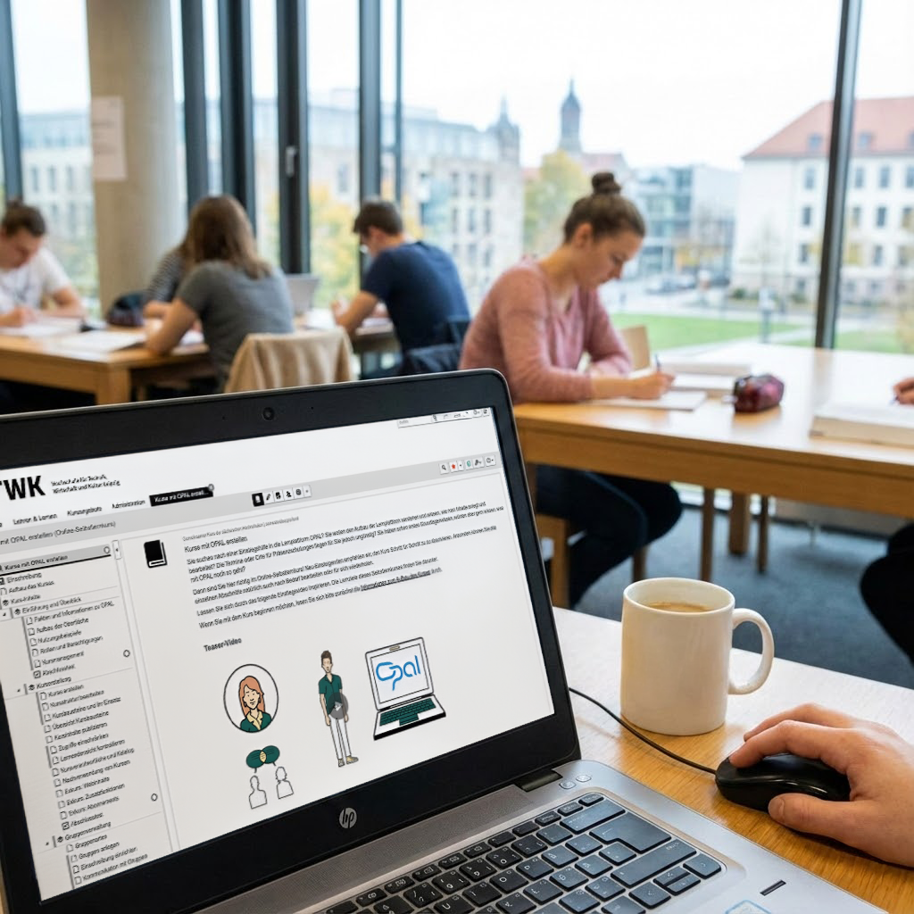 Nahaufnahme eines Laptops in einer belebten Universitätsbibliothek. Der Bildschirm zeigt die Oberfläche der Lernplattform OPAL mit dem geöffneten Kurs „Kurse mit OPAL erstellen“. Im Vordergrund bedient eine Hand eine Computermaus.