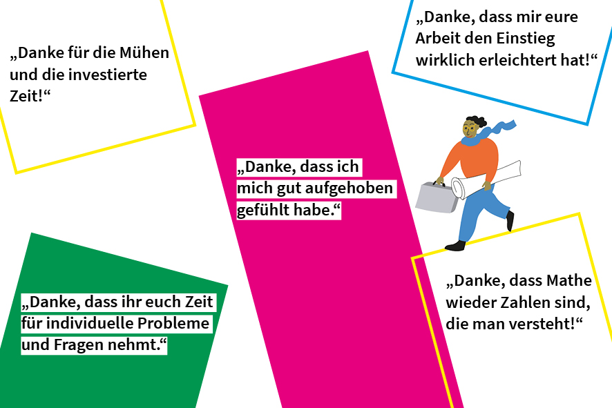 Auf dem Bild stehen Zitate zur Arbeit von Tutor:innen, Coaches und Mentor:innen: Danke für die Mühen und die investierte Zeit!; Danke, dass Mathe wieder Zahlen sind, die man versteht!; Danke, dass mir eure Arbeit den Einstieg wirklich erleichtert hat!; Danke, dass ich mich gut aufgehoben gefühlt habe.; Danke, dass ihr euch Zeit für individuelle Probleme und Fragen nehmt.