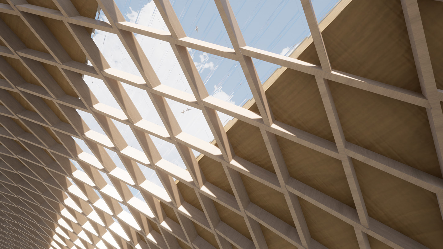 Zu sehen ist ein Rendering einer Mehrzweckhalle aus Holz